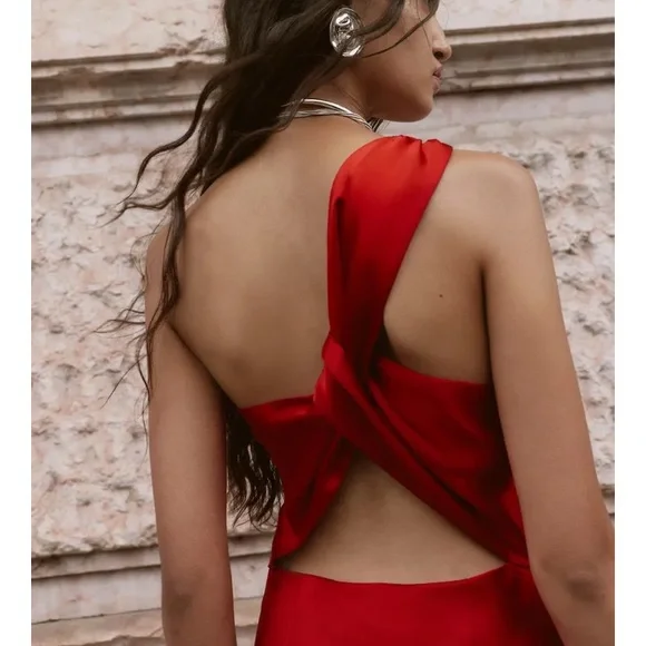ZARA ASYMMETRIC SATIN EFFECT MIDI DRESS RED XS - Picture 5 of 16